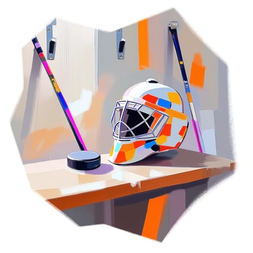 A goalie mask and puck resting on the locker room bench