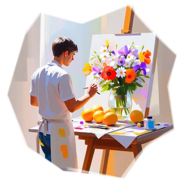 An artist with medium skin is standing in a sunlit studio, focusing on a vibrant still life composition. The artist is wearing a paint-stained apron and is intently applying color to the canvas. The still life features several yellow citrons with textured skin, surrounded by a bouquet of colorful flowers in a vase. The flowers include bright red poppies, delicate white daisies, and deep purple irises. A wooden table supports the arrangement, and various paint supplies are scattered around the floor, adding to the creative atmosphere.