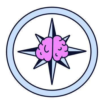 A compass with a brain at the center, pointing in all directions