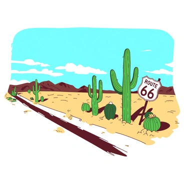 A row of green cacti is lining the dusty roadside of Route 66, surrounded by a vast expanse of golden sands. The cacti vary in height and shape, some standing tall with spines, while others are shorter and rounder. In the background, a brilliant blue sky stretches overhead, with a few wispy white clouds floating by. The iconic Route 66 sign can be seen partially buried in the sandy ground, while the horizon reveals the distant outline of rugged mountains. The scene captures the essence of the desert landscape, with the cacti providing a stark contrast against the arid surroundings.