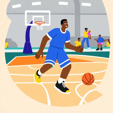 A basketball player wearing a bright blue jersey with white trim is dribbling a basketball on a polished wooden court. The ball is bouncing swiftly off the floor, creating small dust particles that dance in the air. The player has a determined expression, and sweat glistens on his forehead. The court features white lines marking the boundaries and a basketball hoop with a net in the background. The arena is filled with colorful banners and a few spectators in the stands, creating a lively atmosphere.