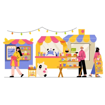 An animated marketplace from Spirited Away, filled with colorful stalls and fantastical characters.