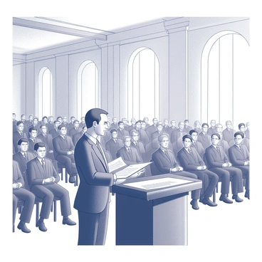 A delegate stands at a podium, holding a document in their hands. They are reading aloud from "the constitution" with a focused expression. The audience is seated in rows, displaying a look of attentiveness and engagement. The hall is large, featuring high ceilings and ornate architectural details. Light filters into the space, highlighting the delegate and creating a sense of importance for the event.