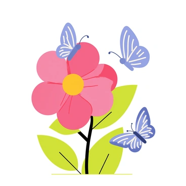 A whimsical scene featuring several delicate blue butterflies fluttering around a large blooming flower. The flower has vibrant pink petals with soft yellow accents at the center. The butterflies have intricate patterns on their wings, showcasing shades of blue and hints of silver. The background is filled with bright green leaves and a clear blue sky, creating a light and airy atmosphere. The butterflies appear to be playfully dancing around the flower, adding to the charm of the scene.