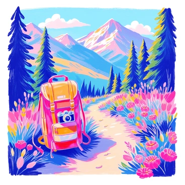 A digital camera is hanging from a backpack clip on a hiking trail. The backpack is made of rugged fabric with adjustable straps, and it has various compartments. Surrounding the trail are tall trees with green leaves and colorful wildflowers blooming on the sides. In the background, there are towering mountains with rocky peaks and patches of snow at the summits. The sky is clear with a few fluffy clouds drifting by. Sunlight filters through the trees, casting dappled shadows on the ground.