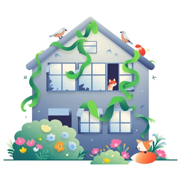 An old warehouse with weathered, peeling paint is overrun by nature. Thick green vines are climbing up the exterior walls and snaking through broken windows. Wildflowers in various colors are blooming at the base of the structure, creating a vibrant contrast against the dull gray of the warehouse. Birds are perched on the roof, while a curious fox is peeking out from behind a bush nearby. Sunlight filters through the foliage, casting soft shadows on the ground, and small insects are buzzing around, adding life to the serene scene.