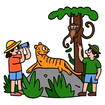 A group of children with light skin and big eyes is on a safari adventure in a lush jungle. Two children are peeking through binoculars, excitedly observing a tiger lounging on a rock, its bright orange and black stripes visible. Another child is pointing towards a monkey swinging from a tree branch, its fur brown and fluffy. The children are wearing colorful safari hats and casual clothes, such as t-shirts and shorts, and they are surrounded by vibrant green foliage and various tropical plants. There is a sense of wonder and excitement as they take in the wildlife around them.