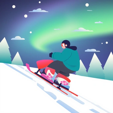 A rider with a bright red ski bike is positioned in the foreground, navigating through a snowy landscape. The rider is wearing a black helmet and a teal winter jacket, with snow goggles resting on their forehead. The snowy ground is glistening under the moonlight, and tracks from the ski bike lead away into the distance. Above, the "aurora borealis" paints the night sky with vibrant green, blue, and purple hues, casting a magical glow over the entire scene. Snow-covered trees line the background, and soft, fluffy clouds drift lazily through the night sky.