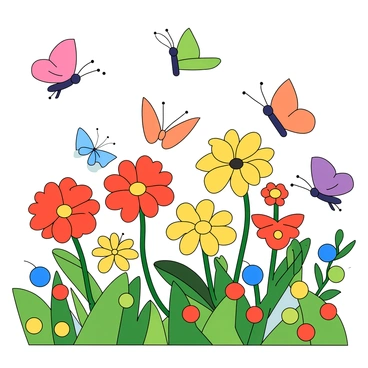 A vibrant garden filled with various flowers in bright colors such as red, yellow, and blue. The garden is alive with numerous butterflies fluttering around, each butterfly designed using basic geometric shapes like circles, triangles, and squares. Some butterflies are predominantly circular, while others feature triangular wings and square bodies. The butterflies come in a multitude of colors, including pink, green, and purple. They are playfully positioned among the flowers, creating a cheerful and lively atmosphere.