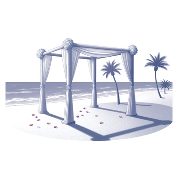 A wedding mandap is set up on a sandy beach. The mandap features four intricately designed pillars, adorned with floral decorations and draped fabric. The sandy ground is scattered with rose petals leading up to the mandap. In the background, the ocean waves gently lap against the shore, with a clear sky above. A few palm trees are visible, swaying slightly in the breeze. The overall scene conveys a sense of elegance and natural beauty, perfect for a wedding ceremony.