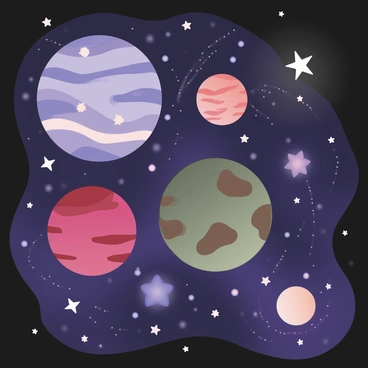 A digital flat illustration depicting a vast cosmic scene filled with various planets and stars. There are three distinct planets; one is large and blue with swirling white clouds, another is red with visible craters, and the third is green with patches of brown. Surrounding these planets is a dark space filled with bright white stars of varying sizes scattered throughout. In the background, a faint spiral of colorful nebula can be seen, adding depth to the cosmic landscape. The colors are vibrant and engaging, enhancing the otherworldly feel of the scene.