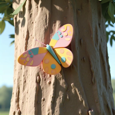 A colorful butterfly with intricate patterns on its wings is resting on the rough bark of a tree. The wings of the butterfly are partially closed, showcasing a beautiful blend of colors that match the earthy tones of the bark. The tree trunk is thick and textured, with deep grooves and patches of moss. Sunlight filters through the leaves above, casting gentle shadows on the butterfly and the tree. The surrounding environment is filled with hints of greenery, adding depth to the scene.