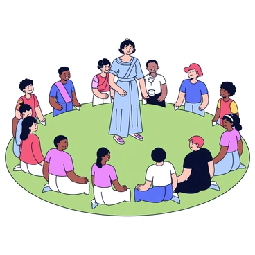 A figure of Themis, the Greek goddess of justice, stands confidently at the center of a large circular formation. She is depicted wearing a flowing robe and holding a set of balanced scales. Surrounding her is a diverse group of people representing different cultures, each wearing traditional attire unique to their background. The individuals are positioned evenly around the circle, some smiling and others engaged in conversation, all contributing to a sense of unity. The scene is set on a grassy area, with soft lines illustrating the circle formed by the people.