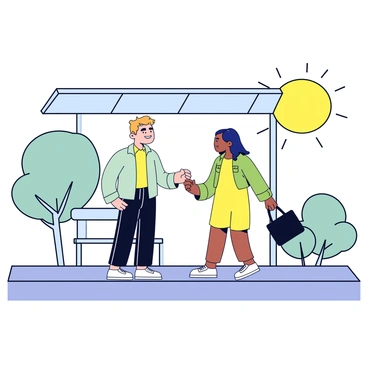A man standing at a bus stop with a bright smile on his face. He is wearing a light green jacket and dark jeans. The bus stop has a simple shelter with a clear glass roof. A woman just arrived, holding a black handbag and wearing a yellow dress. She is looking at the man with a friendly expression. There are a couple of trees in the background, and the sun is shining brightly. The ground is made of gray pavement.