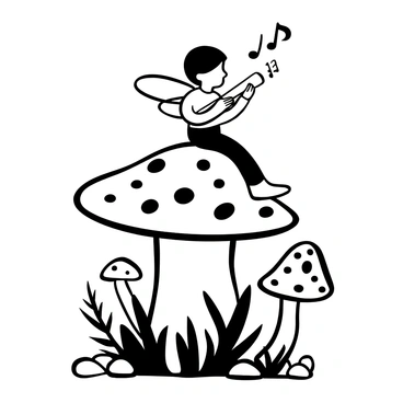 A tiny fairy with delicate wings is sitting atop a large toadstool. The toadstool has a broad, spotted cap and a sturdy stem. The fairy is holding a flute made of slender wood, and it appears to be mid-performance, with musical notes swirling around her. The ground is covered in small ferns and pebbles, enhancing the natural setting. In the background, there are more toadstools of varying sizes scattered throughout the scene.