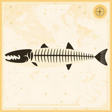 A skeletal illustration of a barracuda with detailed bone structure, showcasing sharp teeth and elongated body. The barracuda is positioned prominently in the center of the image. The background features a vintage map with faded colors and intricate cartographic details, including compass roses and stylized waves. The overall composition highlights the barracuda against the historical map, creating an interesting contrast between the biological and the nautical themes.