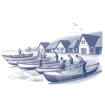 A fishing village situated along the coast, featuring a series of wooden boats moored along the shoreline. The boats are varied in size, with some appearing small and colorful, while others are larger and more robust. Fishermen are actively engaged in their tasks, with several men grouped together as they prepare their fishing nets. The nets are made of intricate mesh, with some tangled and others spread out on the ground. Traditional thatched-roof cottages dot the landscape in the background, creating a quaint atmosphere. A few seagulls can be seen flying overhead, adding to the coastal scene.