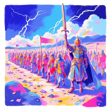 A ruthless warlord clad in dark, intricately designed armor stands prominently in the forefront. His armor is adorned with sharp spikes and menacing motifs, gleaming under the harsh light. He holds a large, ornate sword raised high, signaling his army. Behind him, a diverse array of soldiers marches in formation, each equipped with weapons and shields, displaying various types of battle gear. The background shows a desolate battlefield scattered with debris and remnants of past conflicts, with dark clouds looming overhead. Flashes of lightning illuminate the scene, adding to the intensity of the moment.