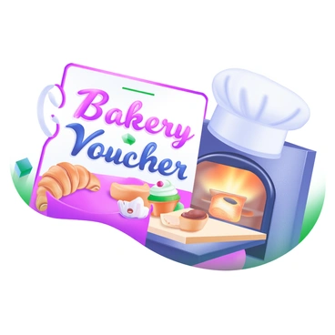 A modern pastel illustration of a bakery voucher prominently displaying the words "Bakery Voucher" in elegant, cursive font. Surrounding the text are an assortment of colorful pastries, including croissants, cupcakes, and tarts, arranged artfully. In one corner, there is a white chef's hat resting on a wooden countertop. A warm, inviting oven can be seen in the background, with soft, glowing light emanating from its open door, illuminating the scene.