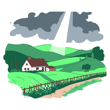 A beam of sunlight piercing through storm clouds over a peaceful countryside