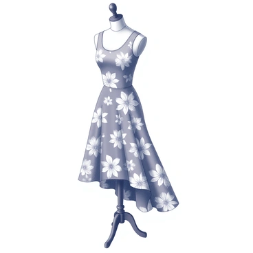 A dress draped elegantly on a mannequin. The fabric features a repetitive pattern of floral designs. The flowers are intricately detailed, showcasing petals and leaves that add texture to the garment. The dress has a flowing silhouette, enhancing its graceful appearance. The mannequin stands in a simple display setting, emphasizing the elegance of the dress and its floral pattern.
