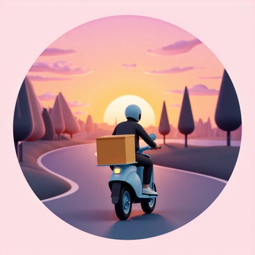 A delivery moped, sleek and modern, is riding along a winding road. The rider, wearing a blue helmet and a black jacket, is leaning slightly forward as they accelerate. The sky is filled with vibrant hues of orange, pink, and purple, indicating a vivid sunset. The sun is positioned low on the horizon, casting long shadows and illuminating the road with a warm glow. Silhouetted trees line the sides of the road, enhancing the dramatic effect of the sunset. The moped has a delivery box securely attached to the back, providing a sense of purpose to the ride.