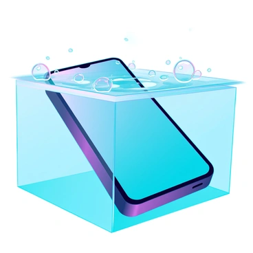 A sleek, modern 3D smartphone is completely submerged in clear water. The phone's screen is illuminated, casting a soft glow through the water. Surrounding the phone, small bubbles rise to the surface, creating a dynamic interaction with the device. Gentle waves ripple across the surface of the water, distorting the reflection of the phone. The background is a blurred underwater environment, enhancing the focus on the smartphone and its aquatic surroundings.