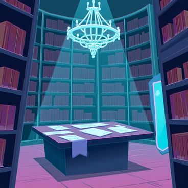 A dusty, old library filled with towering wooden shelves, each laden with ancient books covered in layers of dust. The air is thick with the scent of aged paper and leather bindings. In one corner, a mysterious glow emanates softly, illuminating the space with an ethereal light that casts shadows against the wooden floor. Scattered papers and forgotten scrolls lie on a large, ornate table in the center, adding to the sense of intrigue. An intricate, cobweb-covered chandelier hangs overhead, its crystals reflecting the faint light.