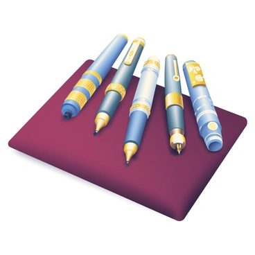 An elegant collection of classic fountain pens is arranged neatly on a rich, deep burgundy velvet cloth. The pens vary in design, showcasing intricate gold and silver detailing on their barrels. Each pen has a unique cap, some with ornate patterns and others with smooth finishes. The velvet cloth has a slight sheen that complements the polished metal of the pens, creating a luxurious presentation. The background is softly blurred to emphasize the collection of pens in the foreground.