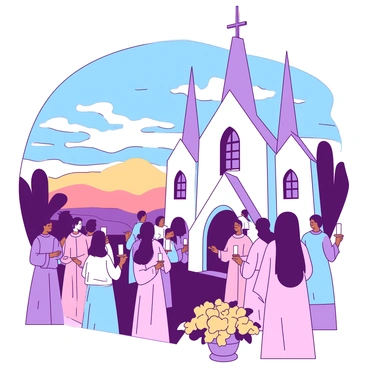 A duotone scene shows a group of believers dressed in pastel clothing gathered outside a white church. The church has tall, pointed steeples and is adorned with elegant stained glass windows. People are holding candles that emit a soft glow, and there are flower arrangements in shades of yellow placed around the entrance. The sky is transitioning from deep blue to a gentle orange hue as the sun begins to rise, casting warm light on the assembled crowd, highlighting their expressions of hope and joy.