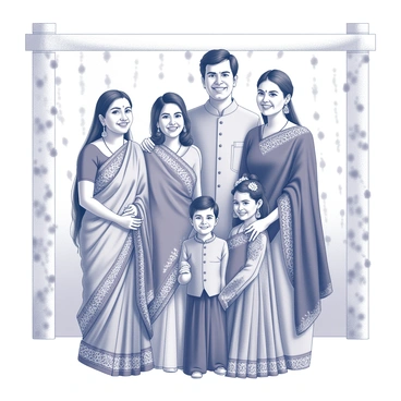 A family portrait featuring a group of five individuals standing together. Each person is smiling and dressed in traditional ethnic clothing, showcasing intricate patterns and detailed designs. The attire reflects a variety of cultural elements, with garments like sarees, kurtas, and lehengas that include decorative embroidery. The family members are positioned closely, creating a sense of unity and celebration. In the background, there are elements typical of an outdoor gathering, such as decorative garlands and soft lighting that enhances the festive atmosphere.
