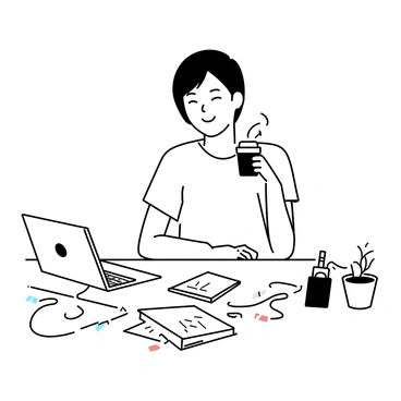 A student sitting at a wooden table, taking a coffee break. The student has short hair and is wearing a casual t-shirt. There is a steaming cup of coffee in front of them. Scattered around the table are various study materials, including open textbooks, loose papers filled with handwritten notes, and a highlighter. A laptop is positioned at one side of the table, with a charging cable plugged in. A small potted plant sits on the corner of the table, adding a touch of greenery to the study space. The expression on the student's face shows a moment of relaxation amidst the busy study session.