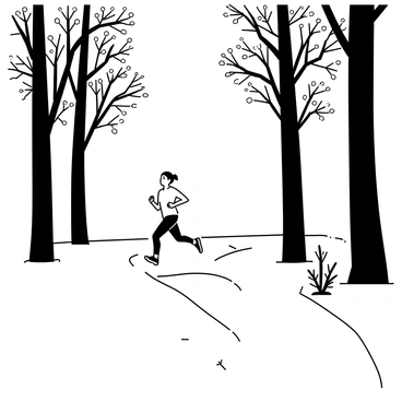 A person jogging along a path that is lined with tall trees. The trees have intricate branches and leaves, creating a natural canopy overhead. The scene is filled with the soft light of the morning sun rising in the background, casting long shadows on the ground. The jogger is wearing athletic clothing and has a focused expression. The path is slightly curved, leading the eye deeper into the scene, and the ground appears textured with gravel and fallen leaves.