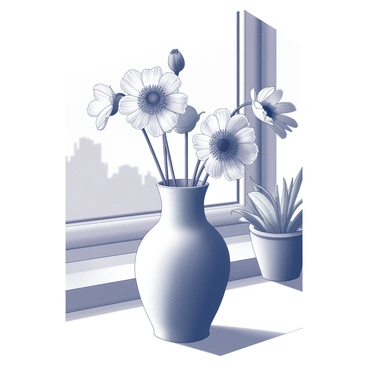 A ceramic vase stands on a windowsill, showcasing its smooth, glossy surface. The vase is filled with freshly cut anemone flowers, their delicate petals unfolding with intricate texture. The flowers display varying shapes, with some having a pronounced center and contrasting outer petals. Sunlight filters through the window, casting soft shadows on the surface beneath the vase. Behind the vase, there is a hint of greenery from plants that adorn the windowsill, creating a harmonious arrangement.