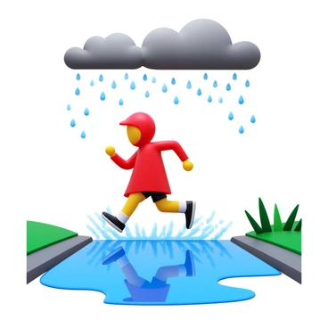 A determined runner in a bright red raincoat splashing through large puddles on a rainy day. The runner's shoes are kicked up with droplets of water as they dash forward. Dark gray rain clouds loom above, casting a moody atmosphere over the scene. Puddles reflect the runner and the cloudy sky, creating ripples as the water is disturbed. The terrain is a mix of wet pavement and grassy edges beside the path.