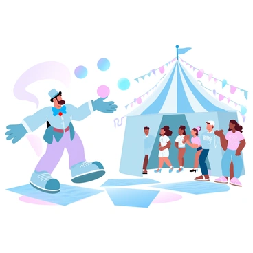 A clown trainer is demonstrating juggling techniques to a group of aspiring clowns inside a colorful circus tent. The trainer is wearing a vibrant outfit with oversized shoes and a large bow tie. The aspiring clowns, dressed in a variety of playful costumes, are observing attentively, holding juggling balls of different colors. Brightly colored banners and streamers adorn the interior of the tent, creating a festive atmosphere. The ground is covered in soft, striped mats for safety.