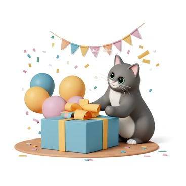 A curious gray tabby cat with green eyes is sitting on a wooden floor, surrounded by colorful confetti. The cat's paw is playfully reaching towards a brightly colored birthday present, which is wrapped in shiny blue paper with a large yellow bow on top. The present is partially opened, revealing colorful tissue paper inside. The cat's ears are perked up, and its whiskers are twitching with excitement as it investigates the gift. Bright balloons and a "Happy Birthday" banner are visible in the background, adding to the festive atmosphere.
