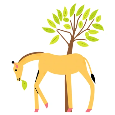 A gentle giraffe with a spotted yellow-brown coat is bending down to nibble on green leaves from a tall, leafy tree. The giraffe's long neck is elegantly arched as it reaches towards the foliage. The tree is depicted with a thick trunk and numerous branches, adorned with vibrant green leaves. The background features a clear blue sky, enhancing the scene of the giraffe interacting with its environment.