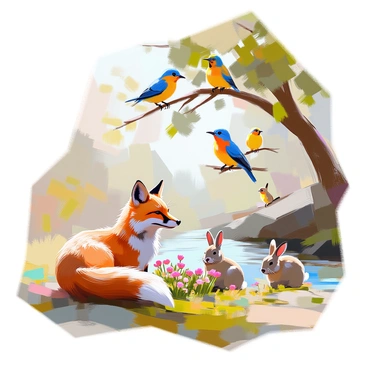 A wildlife refuge scene featuring a variety of animals coexisting peacefully. In the foreground, a red fox with a bushy tail is resting near a small cluster of wildflowers. A few rabbits are grazing on the grass nearby, showcasing their soft brown fur and twitching noses. Above, several birds are perched on branches of leafy trees, their vibrant feathers adding color to the environment. The background includes a gentle stream flowing through the refuge, surrounded by lush greenery, creating a harmonious atmosphere for all the animals.