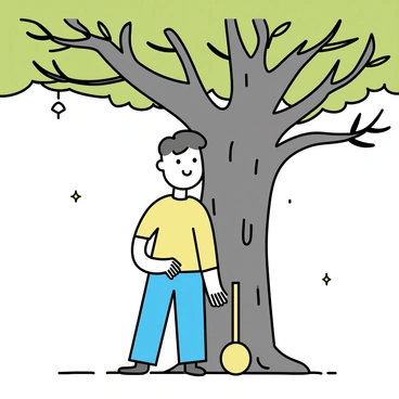 A man dressed in a colorful outfit is resting against a grand ancient tree with a thick trunk and sprawling branches. He has a relaxed posture, leaning back against the rough bark. Beside him lies a simple wooden flute, placed on the ground. The tree has lush green leaves and a textured surface, creating an impressive backdrop. Sunlight filters through the branches, casting dappled shadows on the ground.