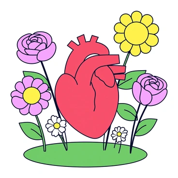 A human heart in a vibrant red color, realistically depicted with visible veins and arteries. The heart is situated in the center of a garden, surrounded by a variety of blooming flowers. The flowers include large yellow sunflowers, delicate pink roses, and small white daisies, each with detailed petals. The garden has a lush green grass base, providing a contrasting background to the vivid colors of the heart and flowers.
