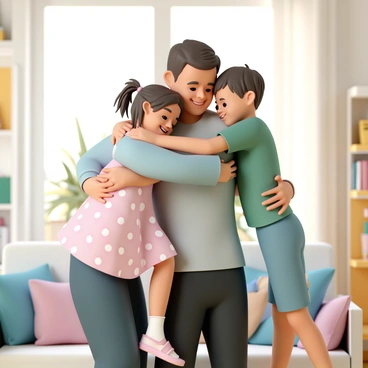 A family of four, consisting of a mother, father, and two children, sharing a warm group hug in a cozy living room. The mother is wearing a light blue sweater and dark jeans, while the father is dressed in a gray t-shirt and black pants. The daughter, wearing a pink dress with white polka dots, is nestled between them, and the son, wearing a green t-shirt and shorts, is hugging them tightly from the side. The living room features a comfortable sofa with colorful cushions, a bookshelf filled with books, and a window with sunlight streaming in, illuminating the joyful scene.