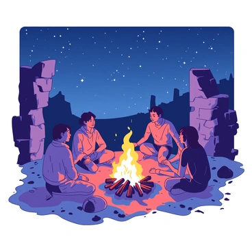 A small campfire glows brightly among the crumbling stone ruins, casting flickering shadows on the weathered surfaces. Surrounding the fire, a group of survivors sits close together, their faces illuminated by the warm orange light. They are engaged in quiet conversation, some holding makeshift blankets around their shoulders. Above them, a starlit sky spreads wide, filled with numerous shining stars. The ruins around them create a sense of shelter, with broken walls and scattered debris framing the scene. The atmosphere is filled with a sense of resilience and camaraderie among the survivors as they share this moment together.