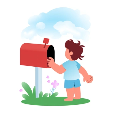 A child is standing in front of an empty mailbox, looking inside with anticipation. The child is wearing a bright-colored t-shirt and shorts, and their hair is tousled by the gentle breeze. The mailbox is a classic red color and is mounted on a white wooden post. The background features a clear blue sky with fluffy white clouds, and the sun is shining brightly, casting soft shadows on the ground. Lush green grass surrounds the mailbox, and a few colorful flowers are blooming nearby.