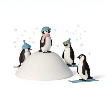 A group of cute penguins, each with black and white feathers, are gathered on a small snow-covered hill. One penguin, wearing a bright red scarf, is perched at the top, looking determined as it prepares to ski down. Another penguin, with a blue hat, is wobbling on its tiny skis, trying to maintain balance while laughing. A third penguin, wearing orange goggles, is encouraging its friend from a little further down the hill. Snowflakes are gently falling around them, adding to the playful atmosphere of the skiing lesson.