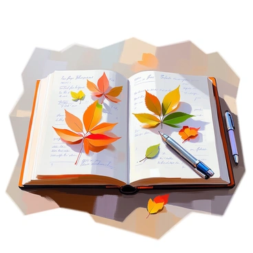 An open notebook resting on a wooden table, showcasing pages filled with various pressed leaves. Each leaf is carefully arranged and accompanied by handwritten notes detailing their species. The notebook's cover is made of textured brown leather, and a few leaves are slightly overlapping one another. The background includes a soft, natural light illuminating the pages, enhancing the colors and textures of the leaves. A pen is placed next to the notebook, suggesting recent use, and there are a few loose leaves scattered nearby.