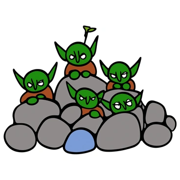A group of small green goblins with large ears and pointy noses are peeking out from behind various rocks and boulders. Each goblin has big eyes and mischievous expressions. The goblins are wearing tattered clothing in shades of brown and gray. The scene is filled with an assortment of jagged rocks and smooth boulders, creating a natural hiding place for the goblins. Some of them are fully visible, while others are partially hidden, creating a playful sense of curiosity and mischief in their poses.