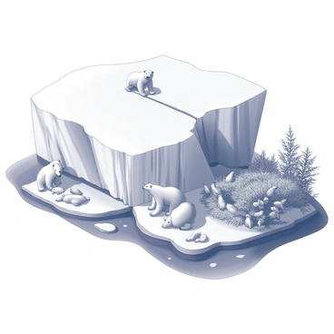 A vast glacier is depicted, showing significant melting with water pooling at its base. On one side, there are several polar bears, their expressions conveying sadness as they sit on diminishing ice floes. Their fur is detailed, showcasing the texture against the stark white of the ice. On the opposite side, there is a contrasting scene filled with lush Arctic flora and fauna, including healthy, vibrant vegetation. The environment is rich with life, featuring various Arctic animals such as seals and seabirds, illustrating the stark differences brought on by climate change.