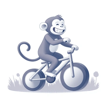 A small monkey with a playful expression is riding a tiny bicycle. The monkey has an exaggerated grin, showcasing its teeth. Its arms are outstretched for balance as it maneuvers the bike. The bicycle has oversized wheels in proportion to the frame, adding to the whimsical appearance of the scene. The monkey's tail is raised high, contributing to its joyful antics. The background features simple outlines of trees and grass, enhancing the sense of playfulness in the environment.