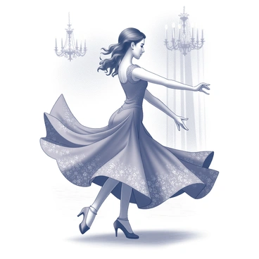 A ballroom dancer performs an elegant spin on a polished wooden floor. The dancer wears a flowing dress that billows out around her, adorned with intricate patterns that catch the light. Her arms are extended gracefully, and her hair cascades in soft waves, accentuating her movement. The scene features a beautifully decorated ballroom with ornate chandeliers above, enhancing the atmosphere of sophistication. The dancer's feet are lightly poised, creating a sense of motion and fluidity in her dance.